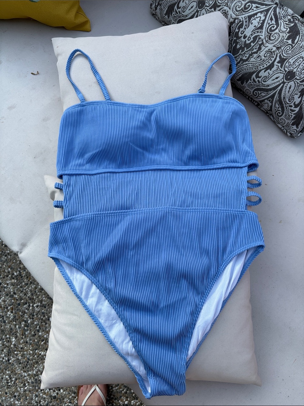 Women’s Blue Ribbed One-Piece Swimsuit with Side Cutouts